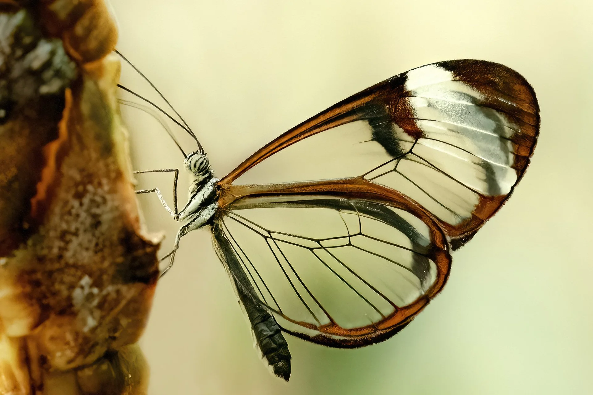 Close-up of a glasswing butterfly with transparent wings on a blurred background.