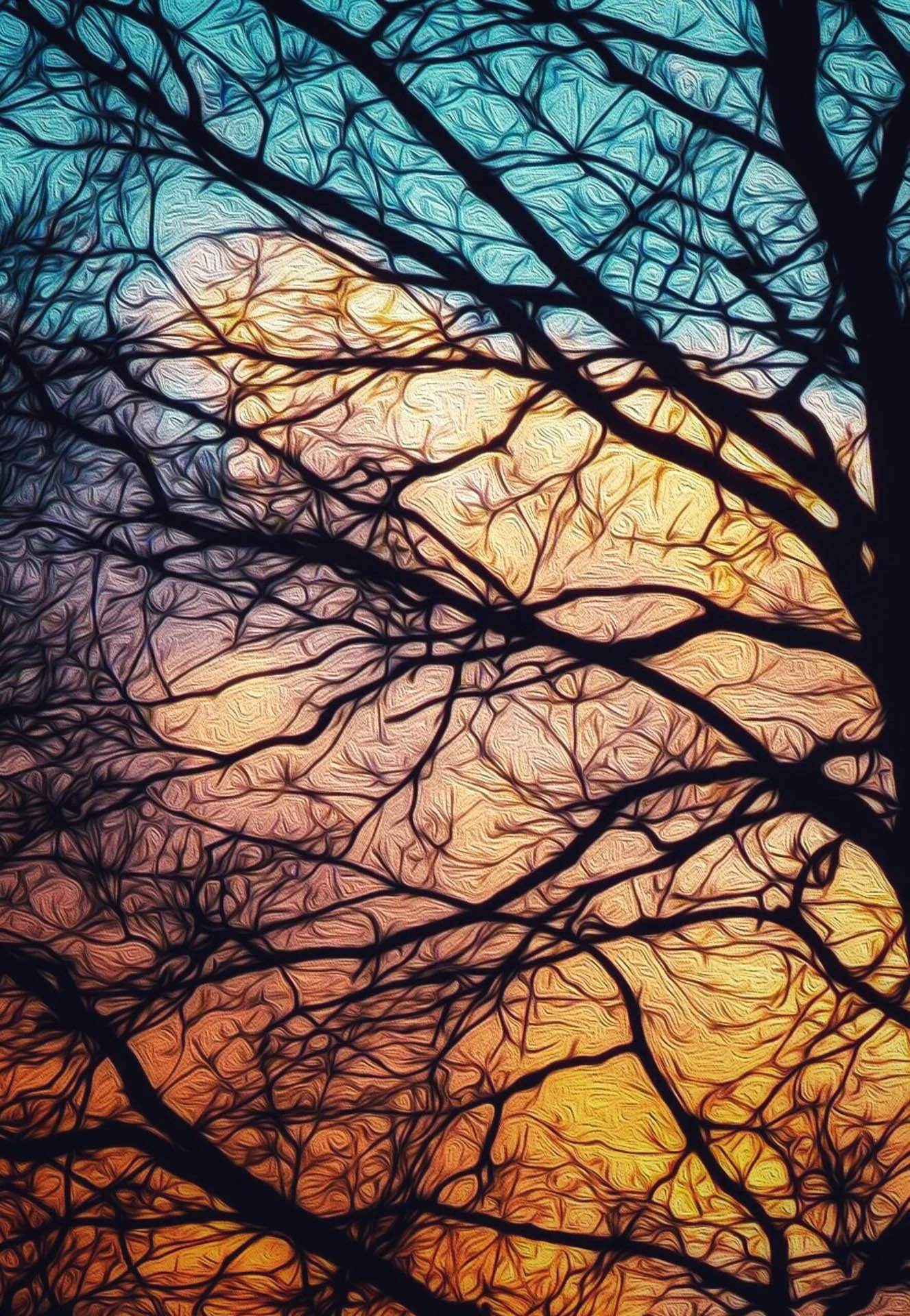 Artistic depiction of tree branches silhouetted against a colorful sunset sky