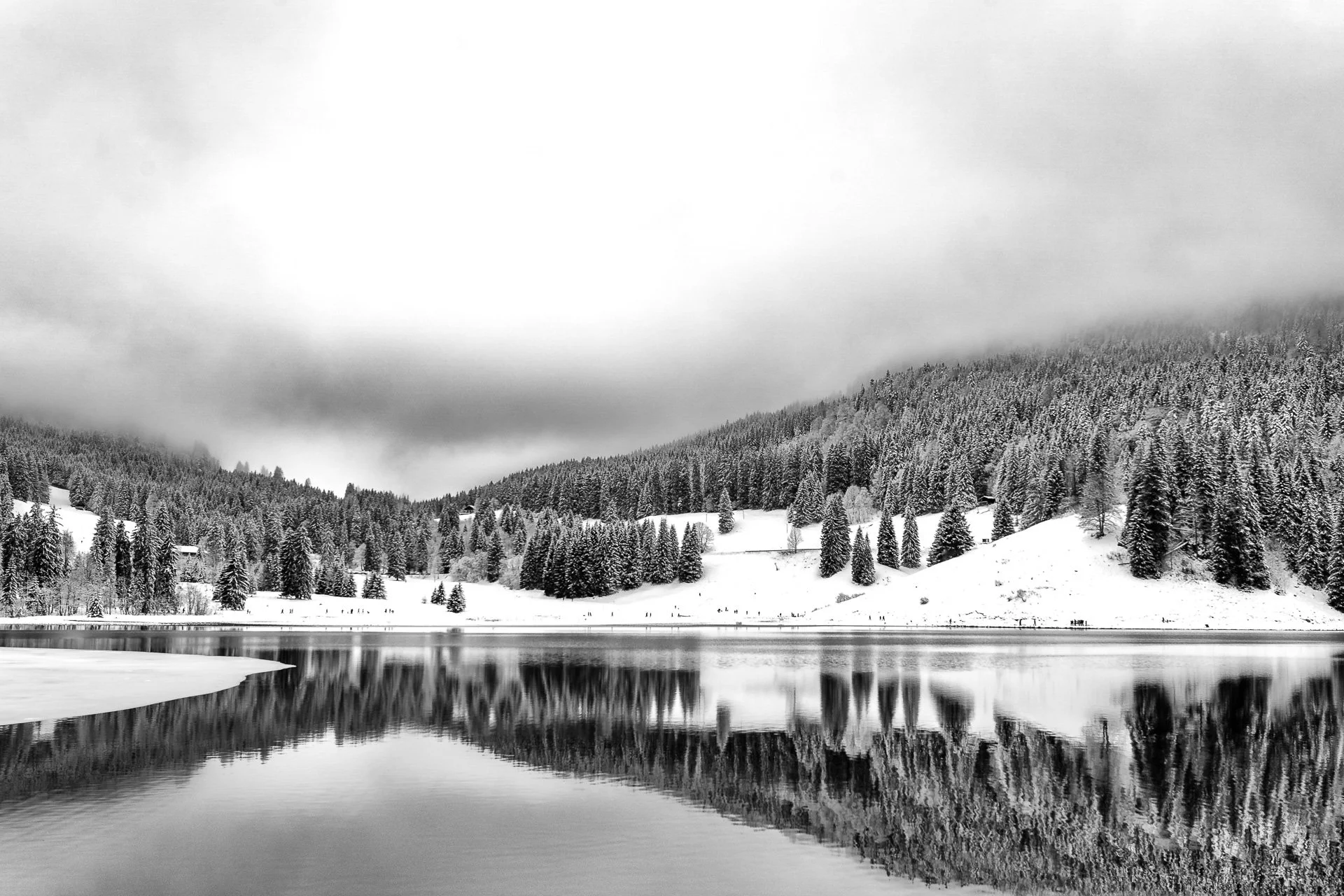 Black and white image of a snow-covered landscape with evergreen forests, rolling hills, and their reflection in a calm lake.