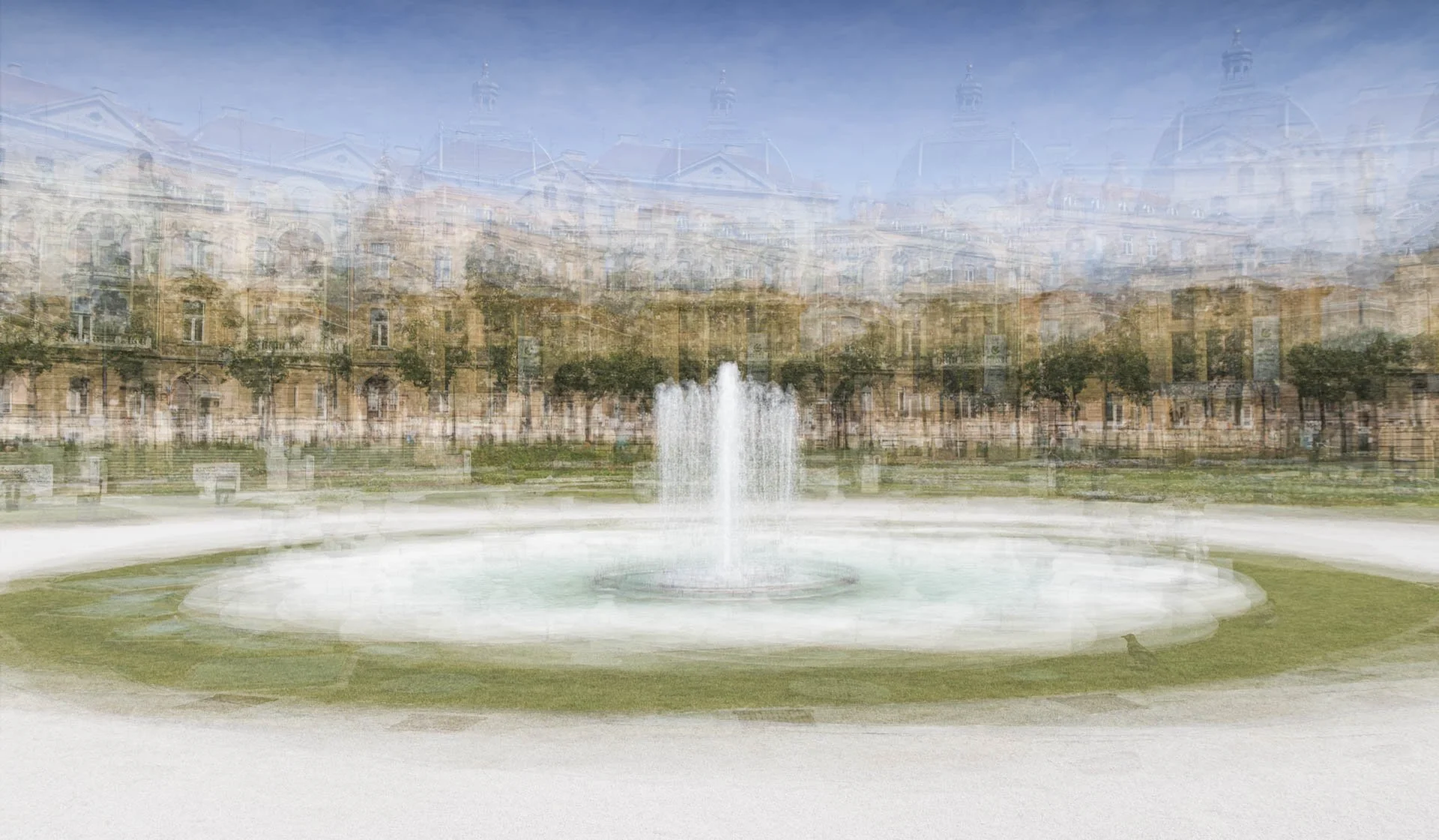 Blurred fountain with historic building background, daytime