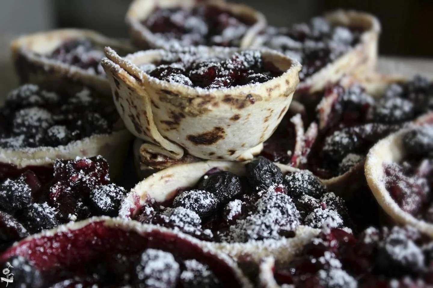 Close-up of dessert cups filled with berries and dusted with powdered sugar, using thin wrappers as holders.