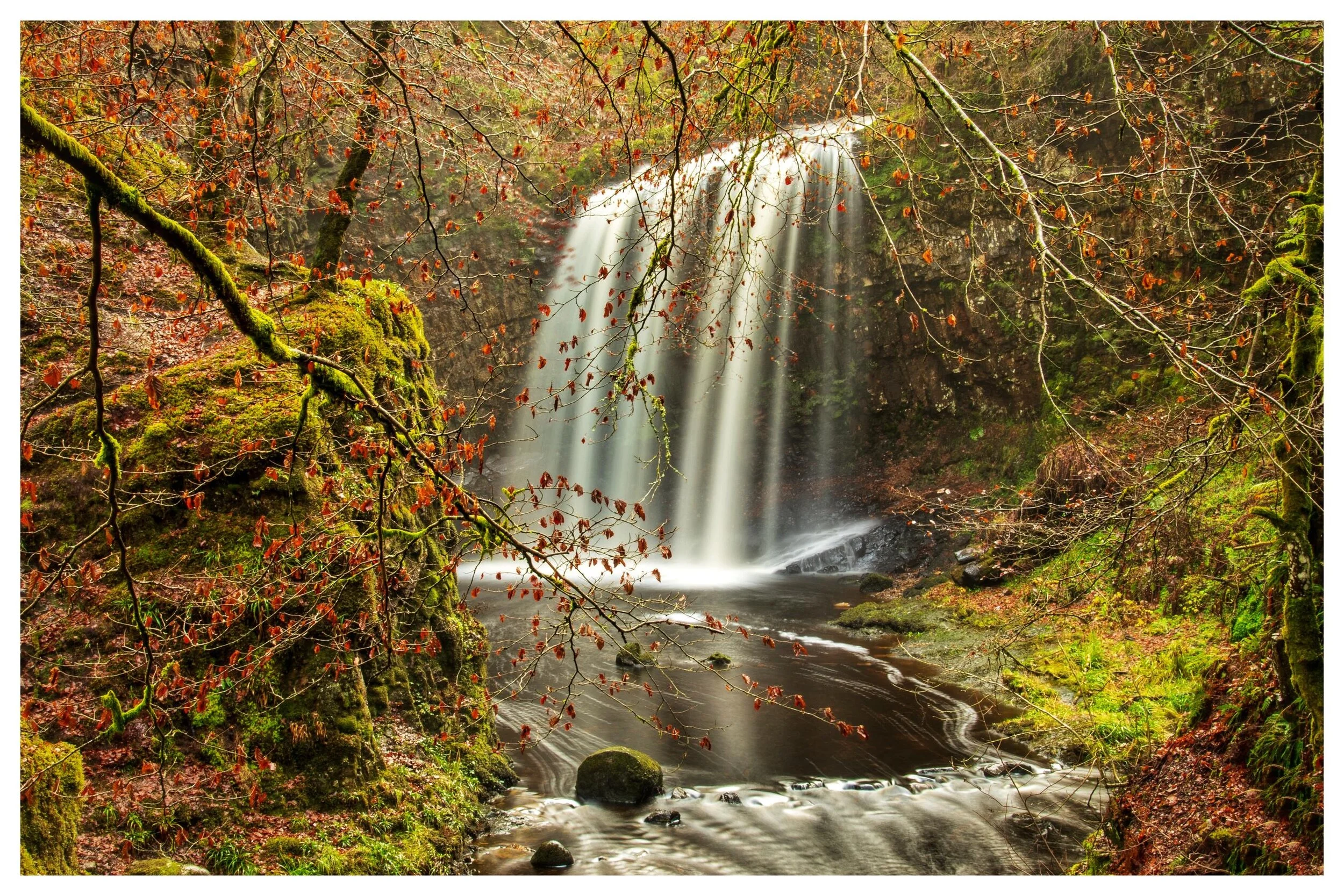 Waterfall surrounded by mossy rocks and autumn foliage in a forest setting.