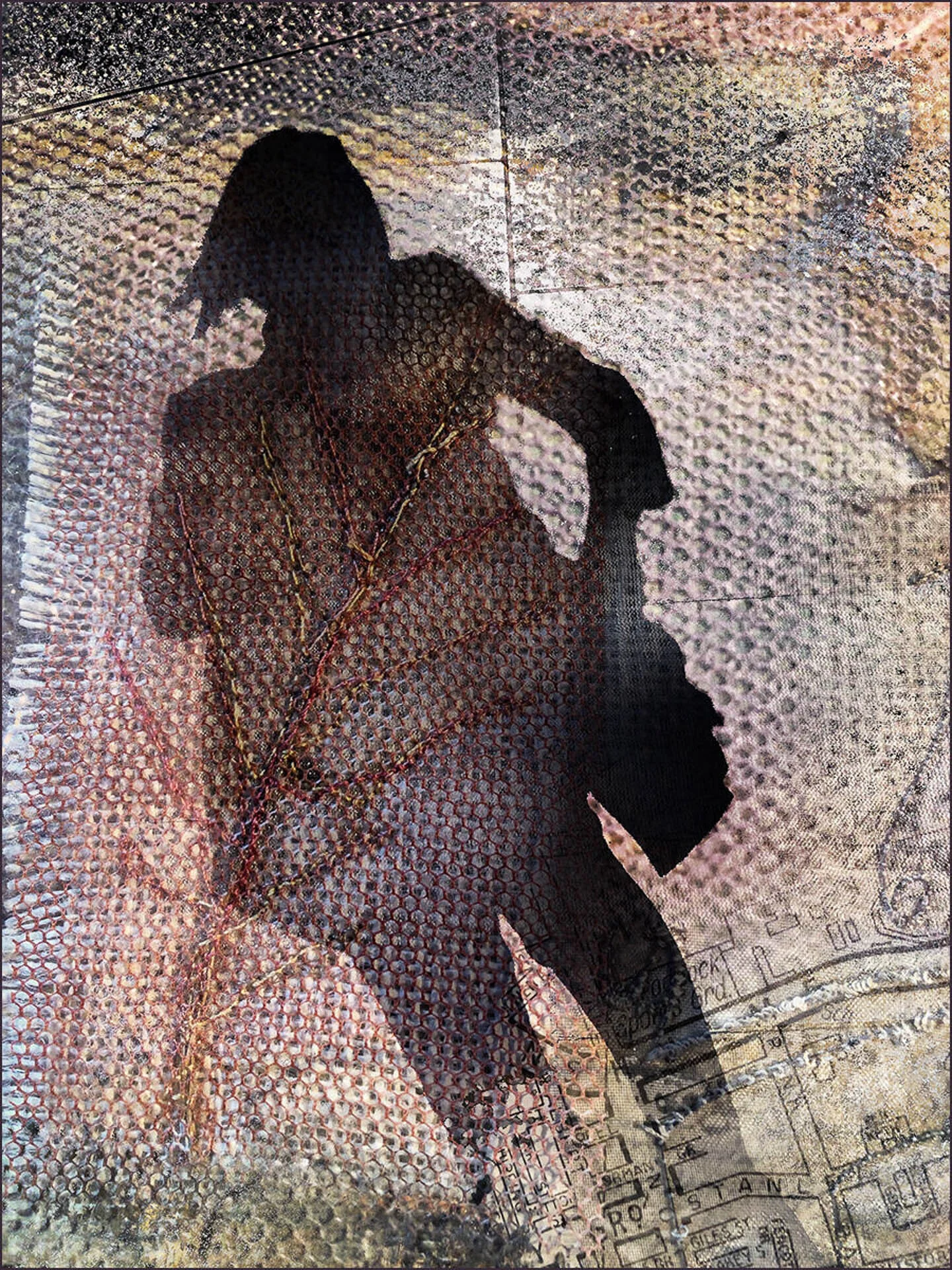 Shadow silhouette of a person overlaid with textured patterns and map background.