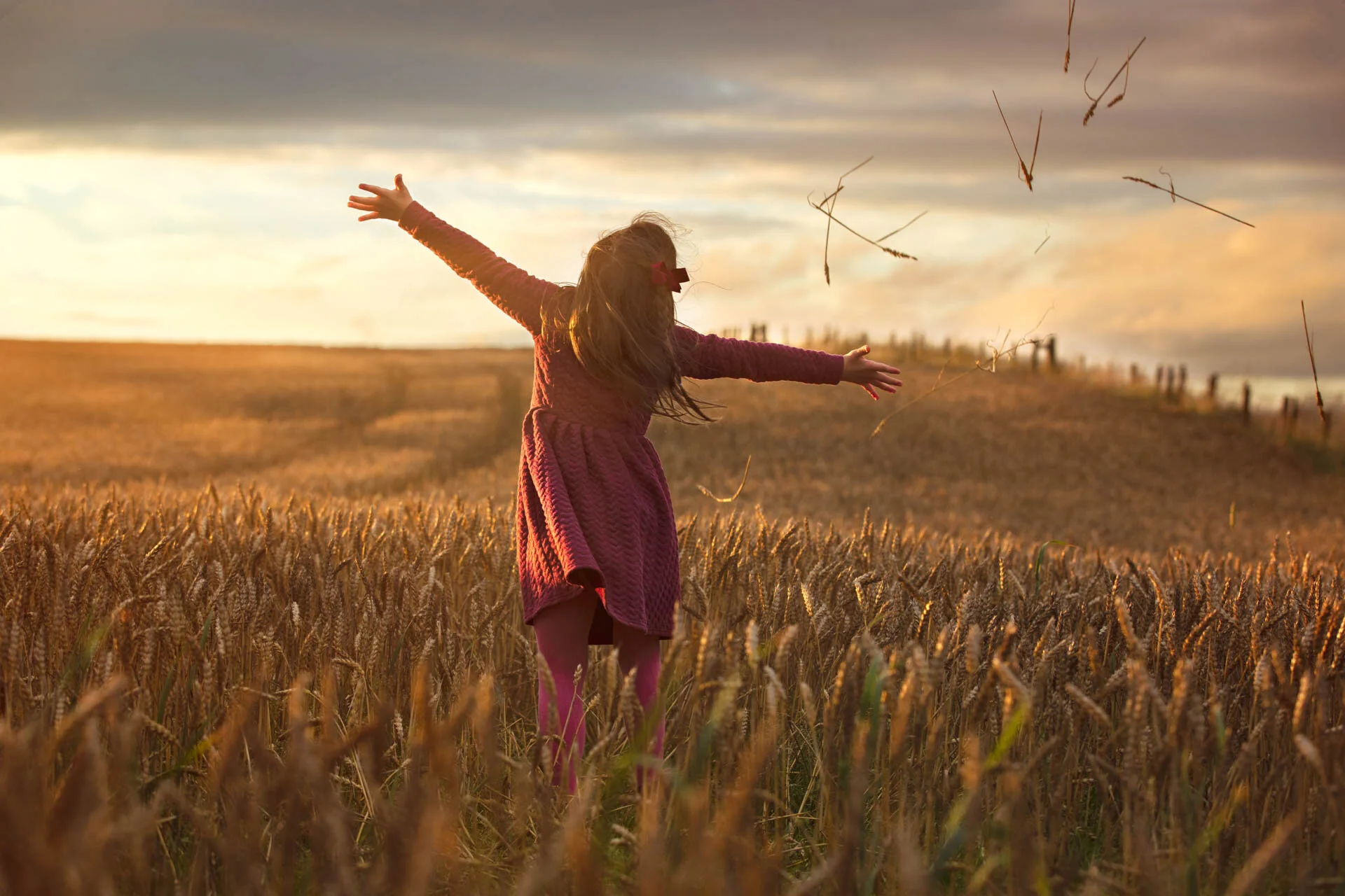 A young girl in a red dress with outstretched arms standing in a golden wheat field at sunset.
