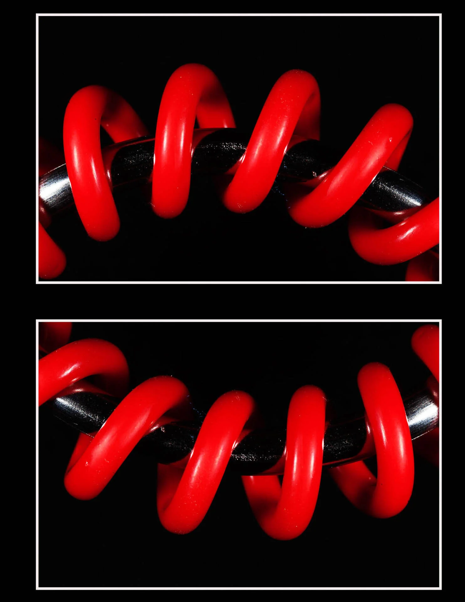 Close-up of red spiral or twisted cable around a shiny black rod with a black background. Two similar images stacked vertically with a white border separating them.
