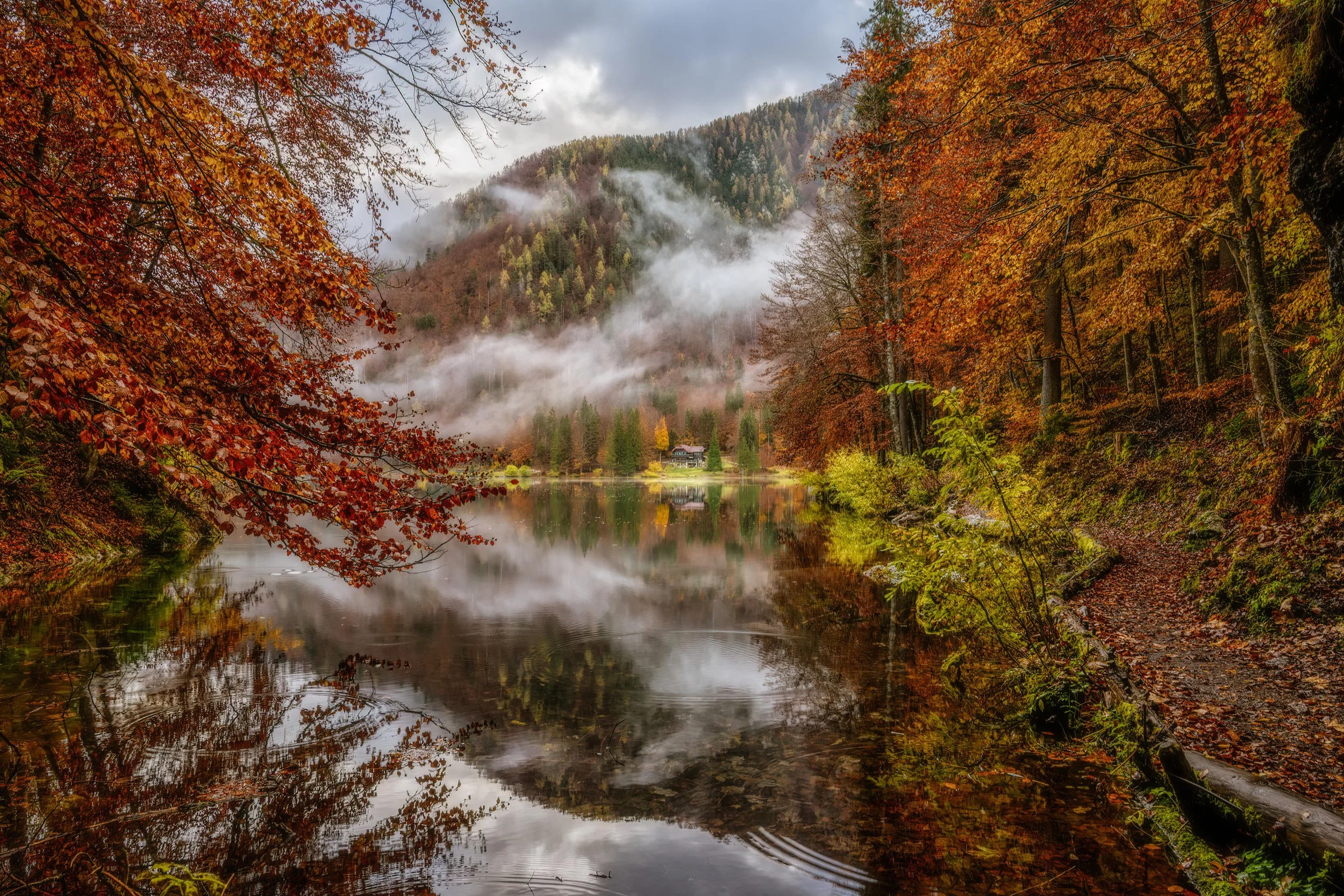 Autumn landscape with a lake reflecting colorful fall foliage and misty mountains in the background.