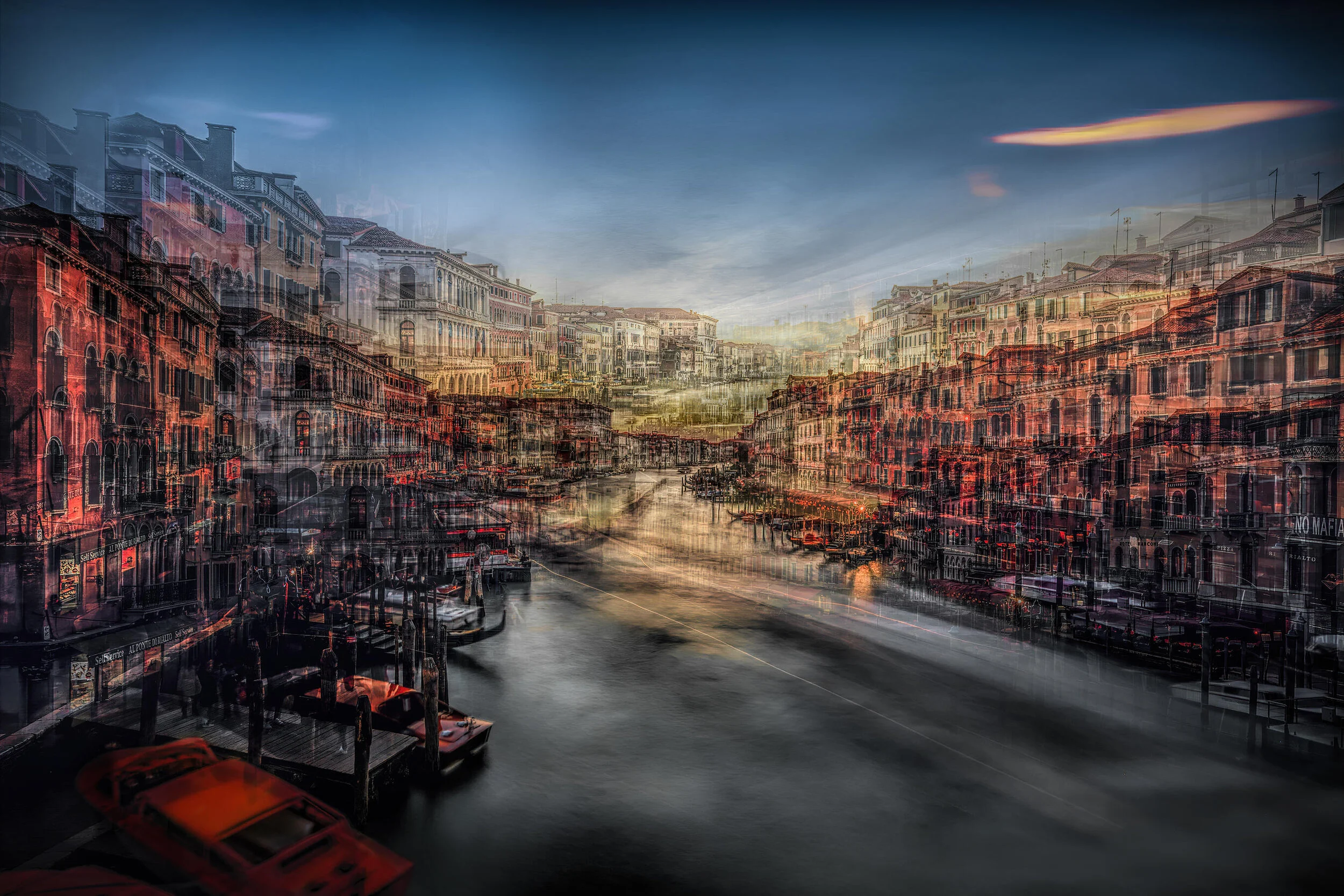 Abstract composite image of Venetian canal scene with vibrant colors, layered buildings, and reflections.