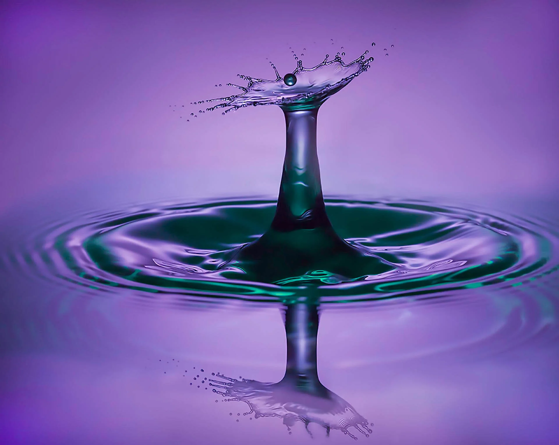 Close-up of a water droplet splash with a crown-like shape, set against a purple background.