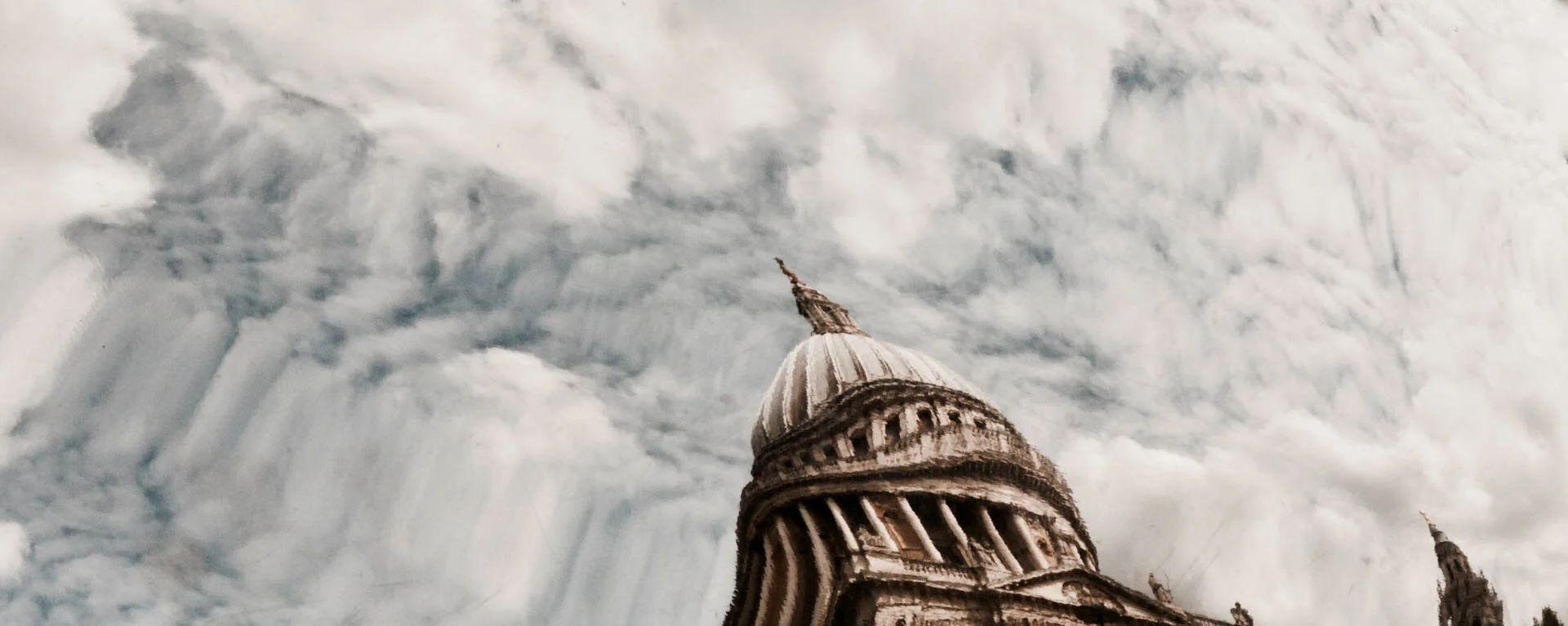 Distorted reflection of a domed building, resembling classical architecture, against a cloudy sky in a water surface.