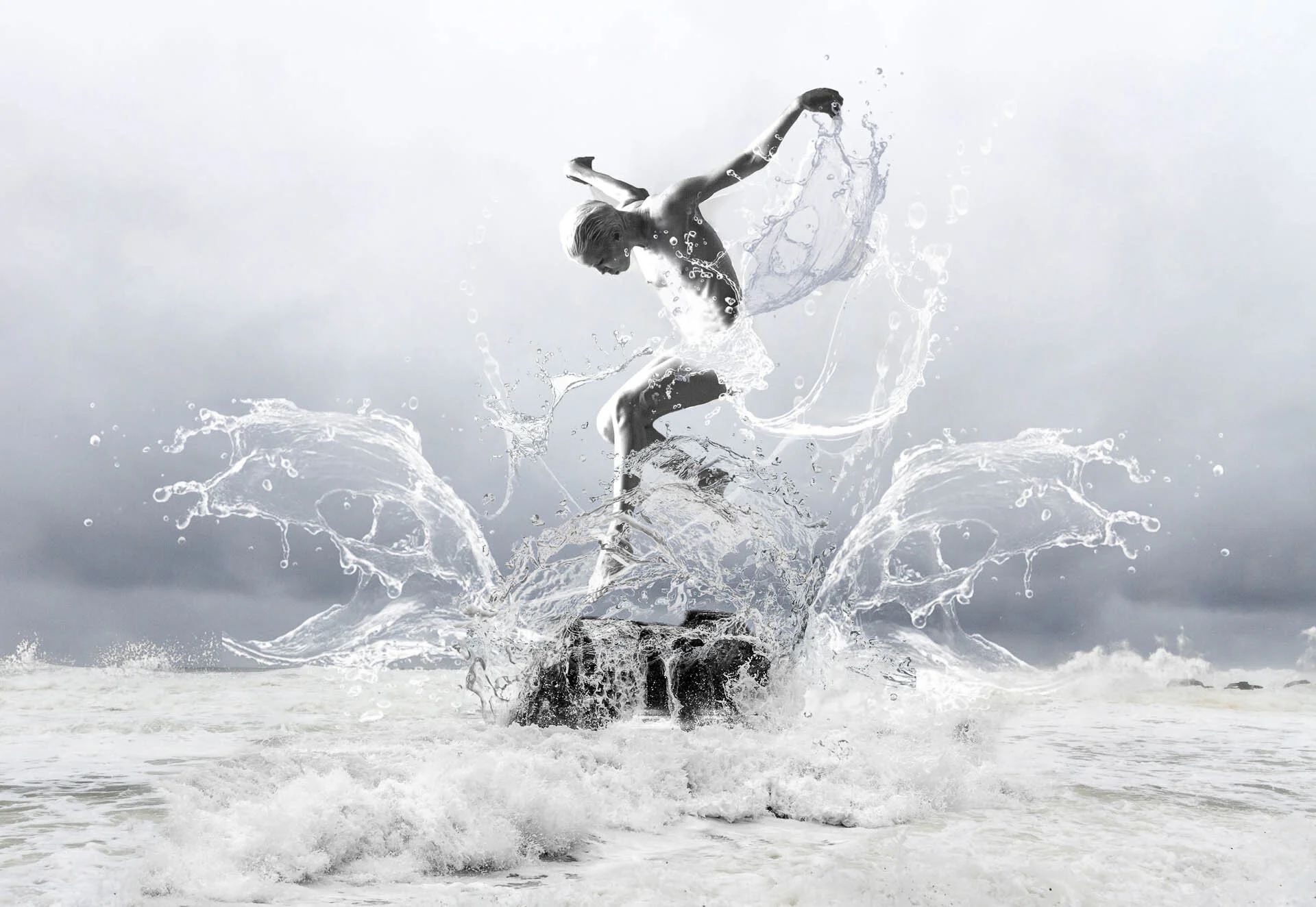 Artistic depiction of a person emerging from ocean waves, blending with water in motion.