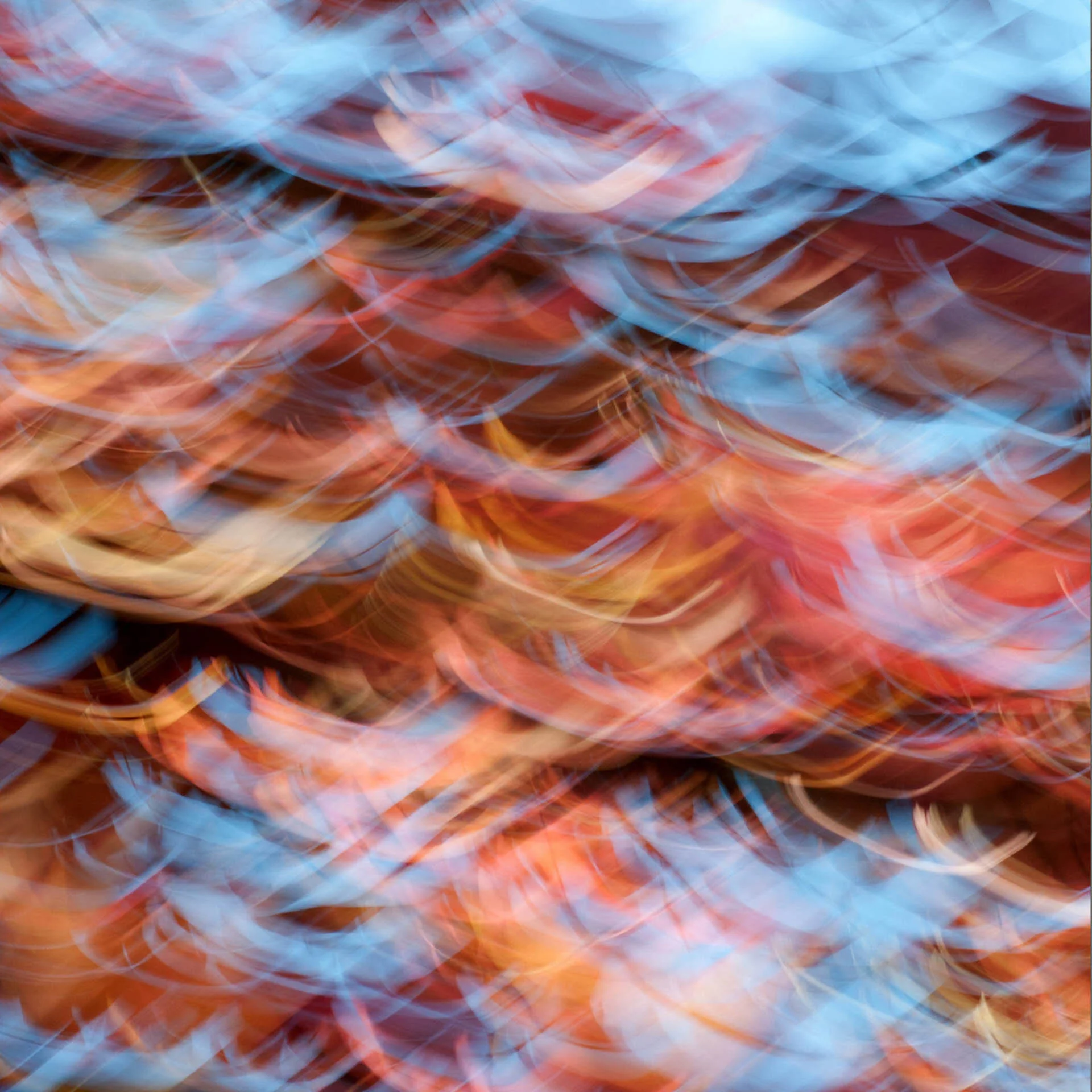 Abstract image with swirling blue, red, and orange hues.