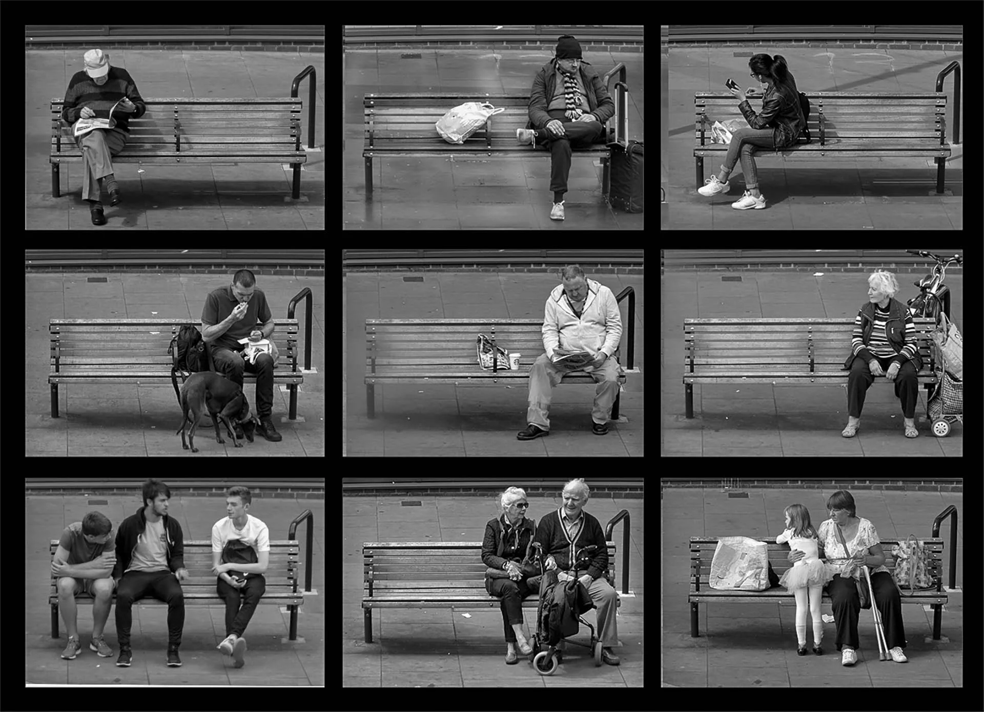 Nine black and white photos showing people sitting and engaging in activities on public benches.