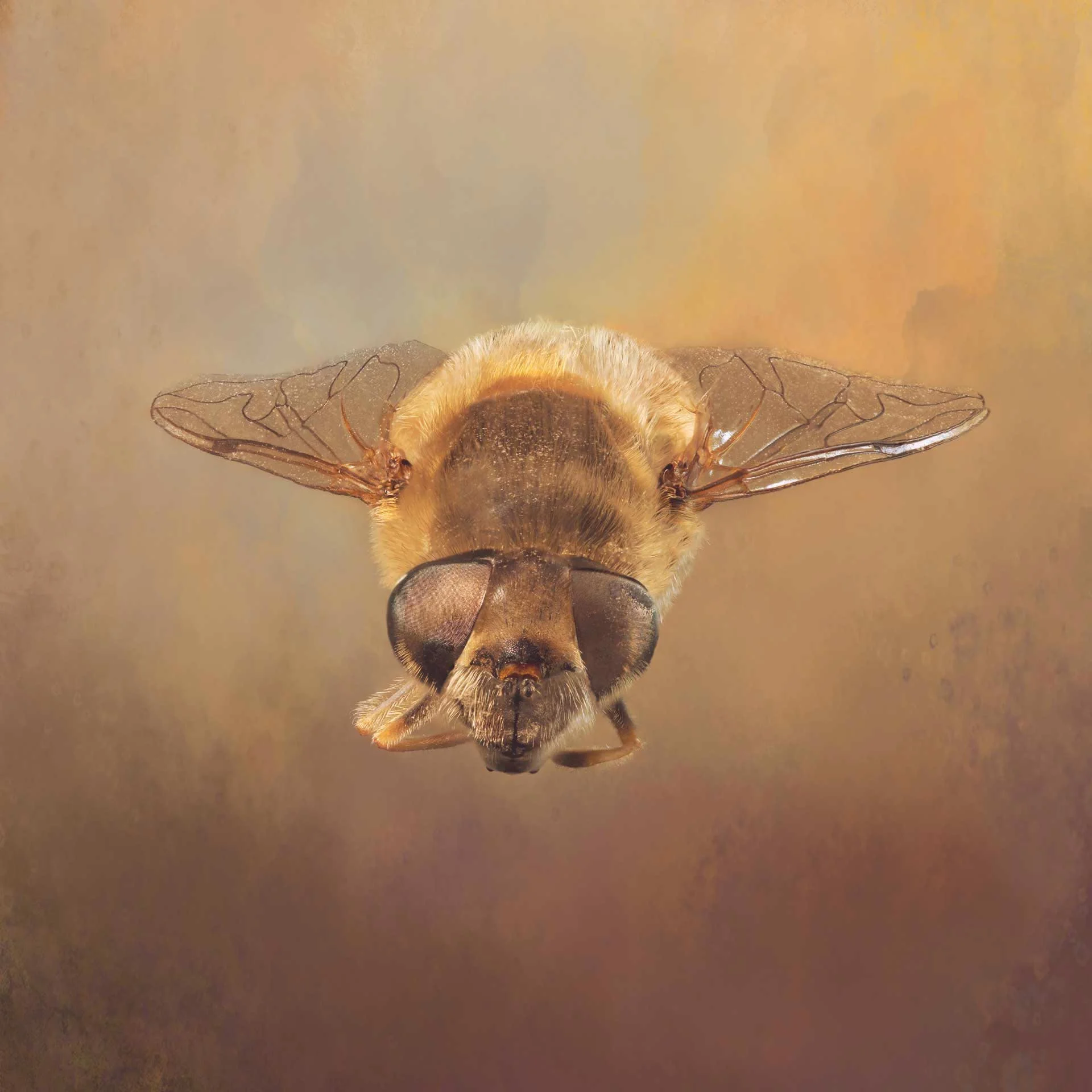 Close-up of a bee with large eyes and transparent wings against a blurred background.