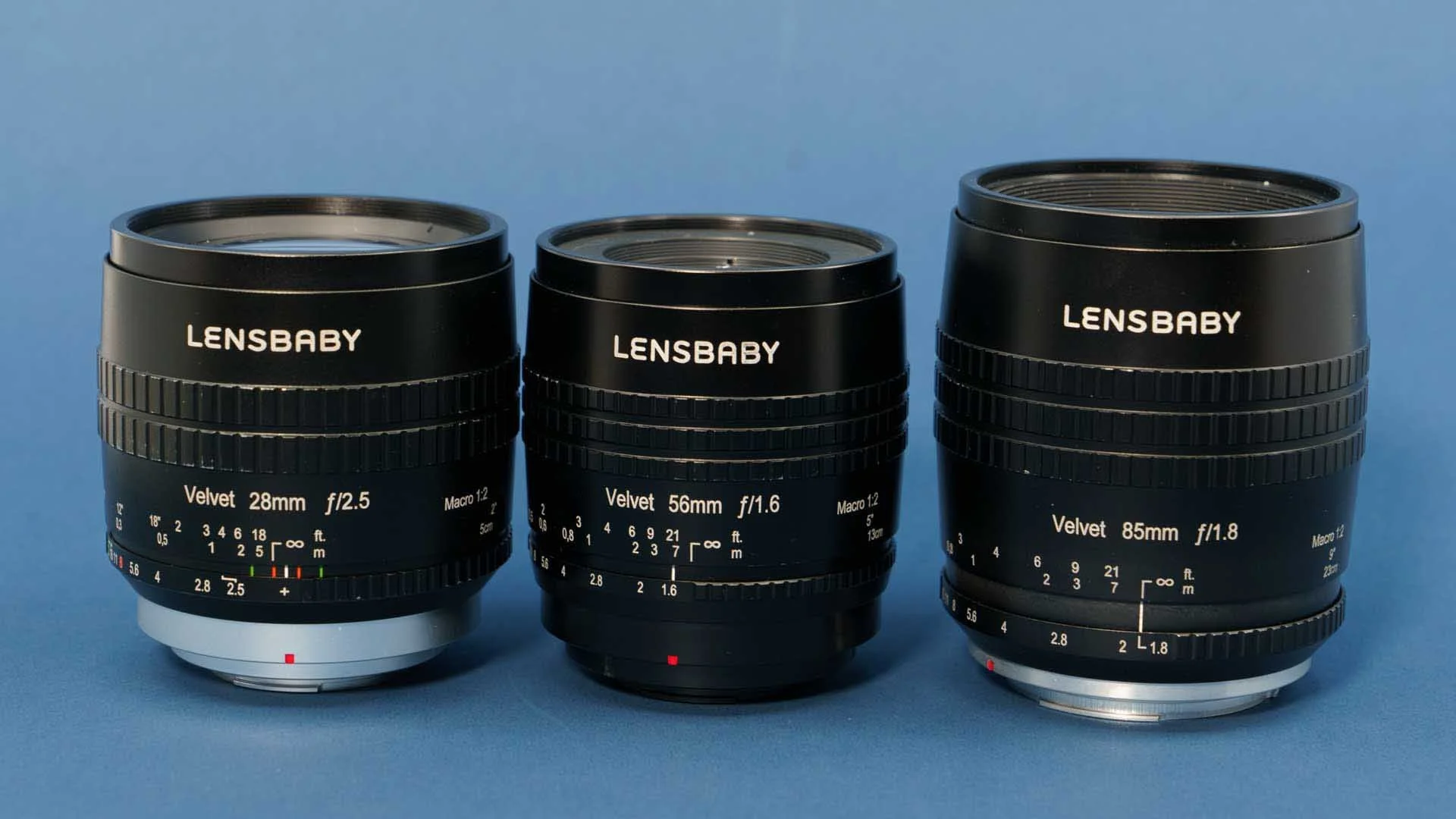  From left to right, the Lensbaby Velvet 28, Velvet 56 and Velvet 85. 