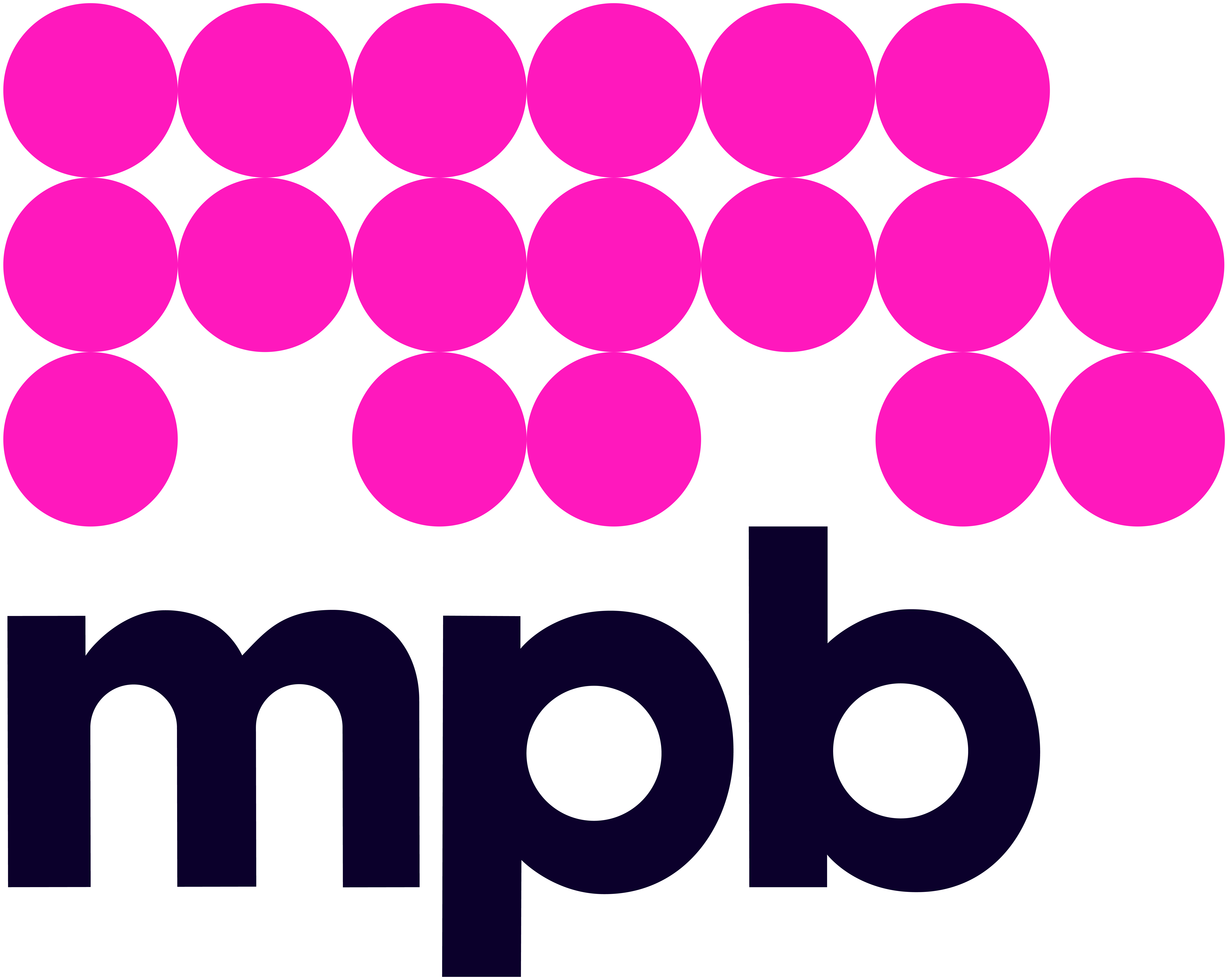 MPB logo with a grid of bright pink circular dots above lowercase dark navy letters “mpb” on a black background.