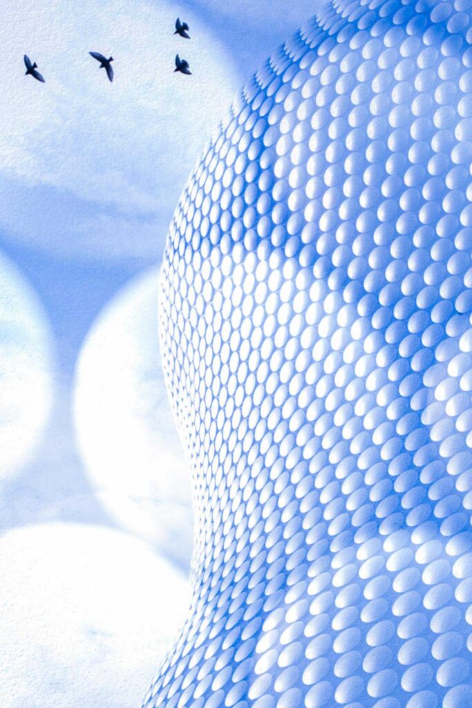 Blue toned multiple exposure of the Selfridges building in Birmingham, with its silver disc facade blended with soft bokeh highlights and birds flying across the sky.
